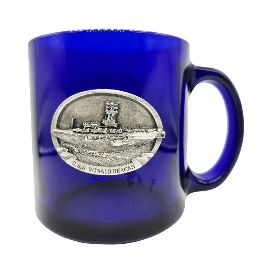 U.S.S Ronald Reagan Cobalt Blue Glass Souvenir Pewter Aircraft Carrier Mug
